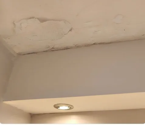 התנפחות והתנתקות טיח בתקרת בטון בפינת חדר מעל תקרת גבס מונמכת, עם הכהיה לאורך קו החיבור - ממצא רטיבות נסתרת בבדק בית